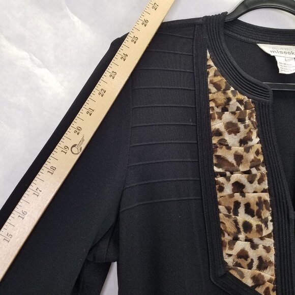 MISOOK Long Cardigan Jacket Women's L Black Leopard Trim Button Up Textured Knit - Picture 12 of 13